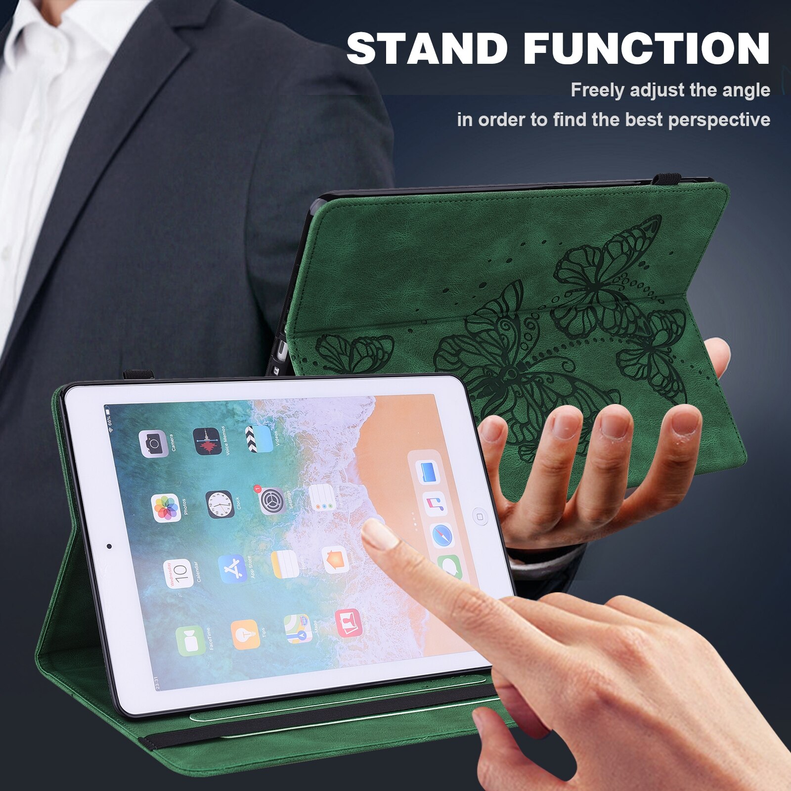 Husa tableta pentru Lenovo Tab K10, piele cu model fluture in relief, verde