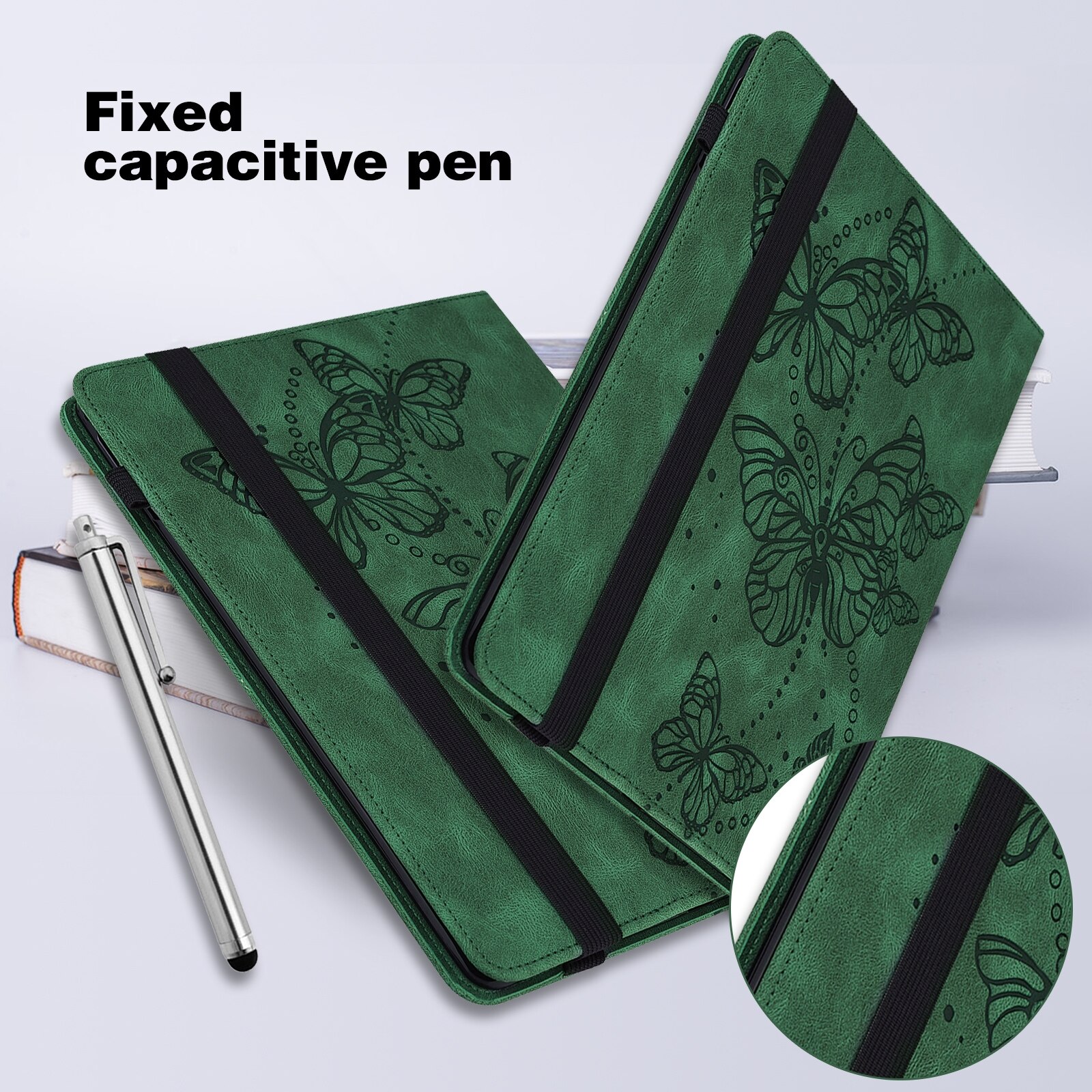 Husa tableta pentru Lenovo Tab K10, piele cu model fluture in relief, verde