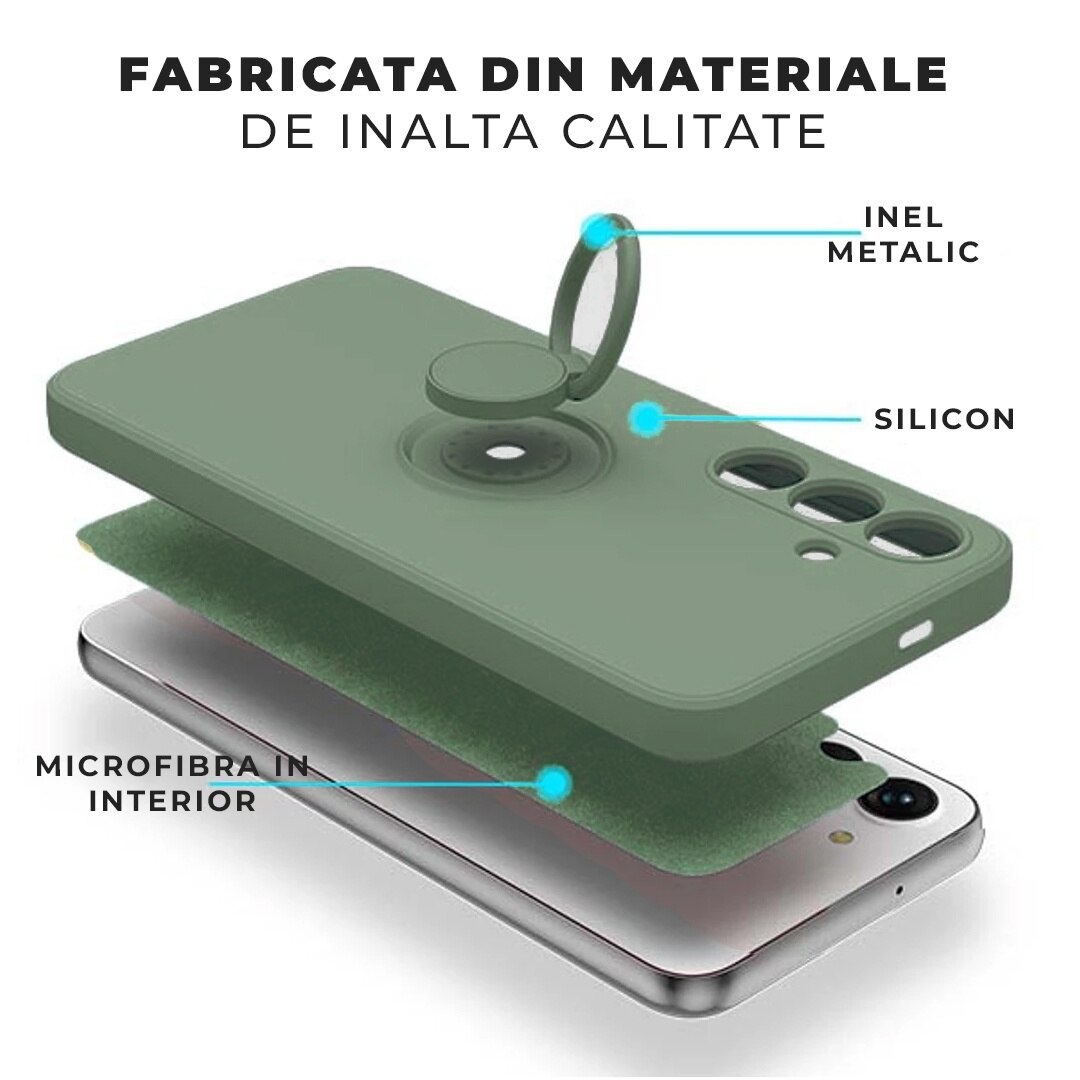 Husa pentru Samsung A35 DaDen cu inel rotativ 360, Silicon Premium, Camera Protection, Antisoc, Verde velur