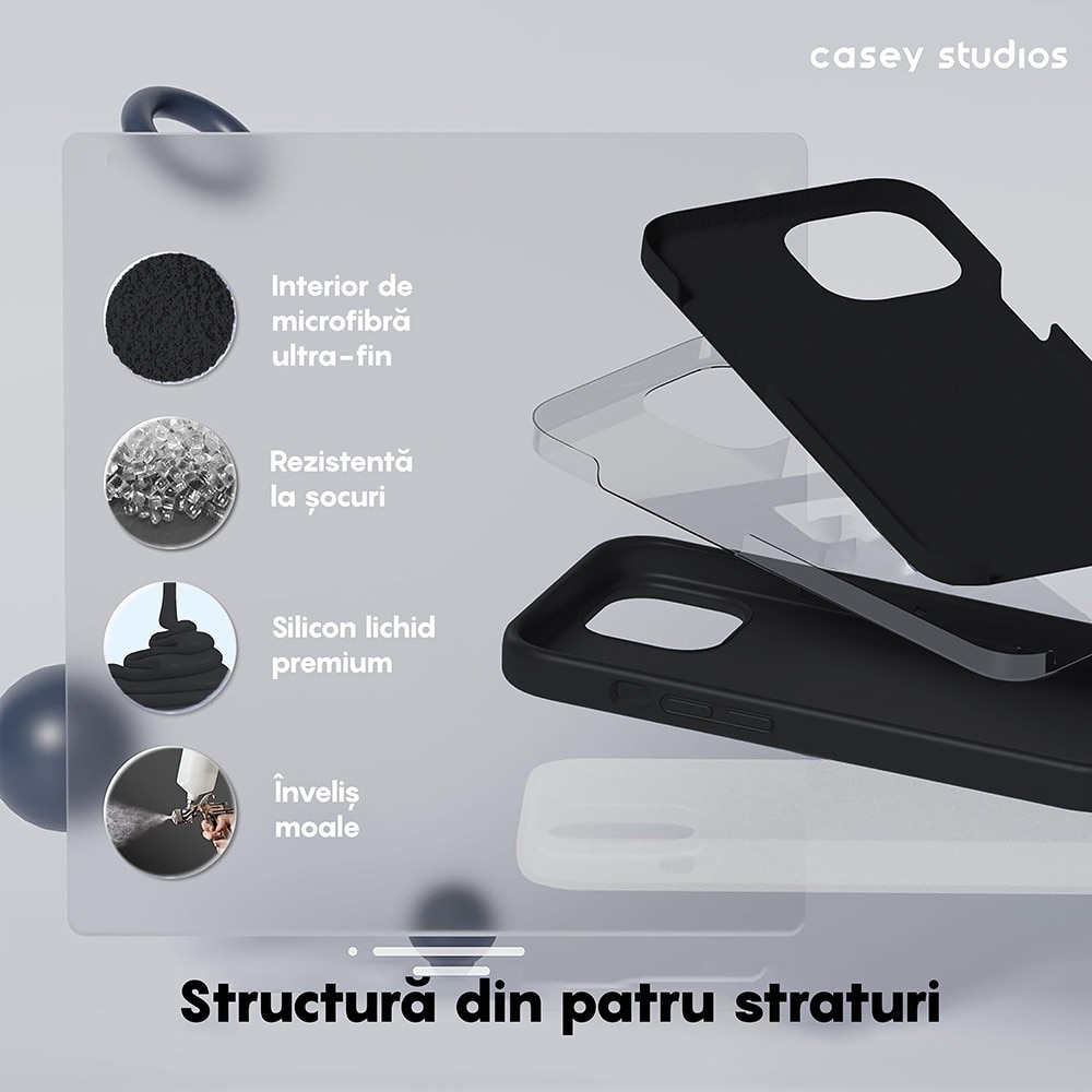 Husa CASEY STUDIOS™ pentru Apple iPhone 13 Pro, Soft Silicone Premium, Microfibra in Interior, Negru, de Protectie, Ultra Slim, pentru Incarcare Wireless, Margini Ridicate pentru Protectia Ecranului si a Camerelor