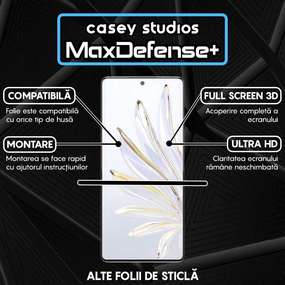 Folie Sticla CASEY STUDIOS™ compatibila cu Honor 70, Full Cover 3D, Full Glue, Duritate Militara, Ultra HD, Anti Zgarieturi, Anti Amprente, Anti Socuri, Margini Negre