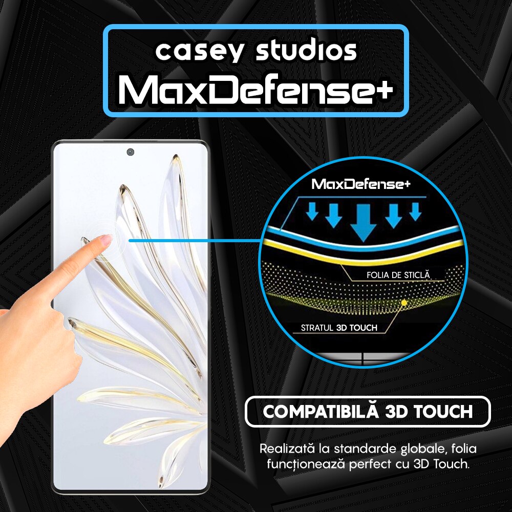 Folie Sticla CASEY STUDIOS™ compatibila cu Honor 70, Full Cover 3D, Full Glue, Duritate Militara, Ultra HD, Anti Zgarieturi, Anti Amprente, Anti Socuri, Margini Negre