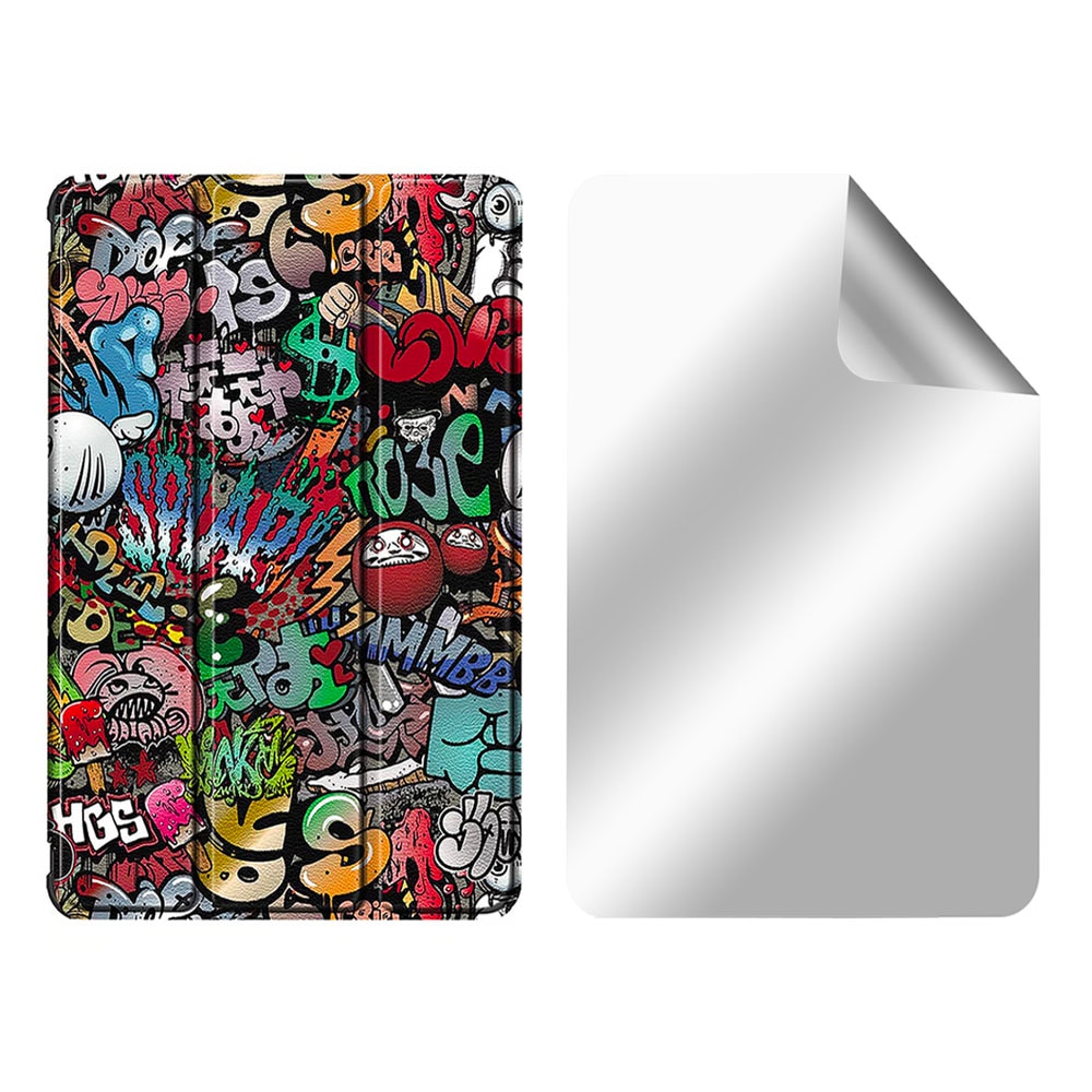 Set Husa Tableta din piele PU si Folie Silicon Transparent pentru Samsung Galaxy Tab A8 10.5 inch SM-X200/SM-X205, Protectie Completa 360, Hydrogel Regenerabil, Full Glue, Interior Catifea, Stand, Display Protejat, Colturi Anti-Soc, Multicolor