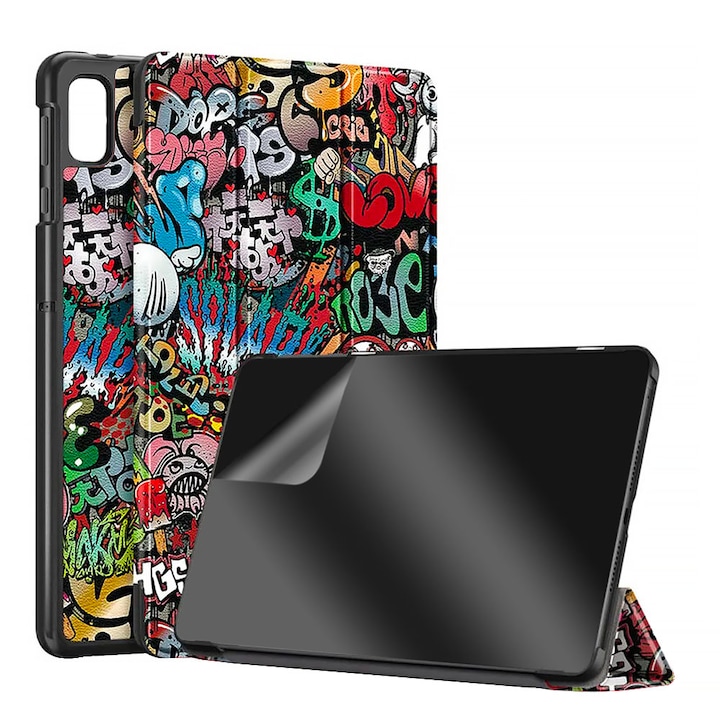 Set Husa Tableta din piele PU si Folie Silicon Transparent pentru Samsung Galaxy Tab A8 10.5 inch SM-X200/SM-X205, Protectie Completa 360, Hydrogel Regenerabil, Full Glue, Interior Catifea, Stand, Display Protejat, Colturi Anti-Soc, Multicolor
