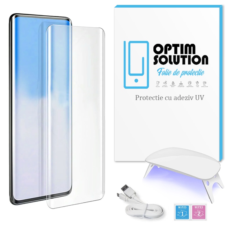 Folie protectie UV pentru Samsung Galaxy A55 5G, Optim Solution, Hidrogel cu Adeziv UV, Silicon Securizat, Kit complet, Include lampa si cablu tip C, Shock Absorbing, Long-Term Tested, Textura Sticla, Clear