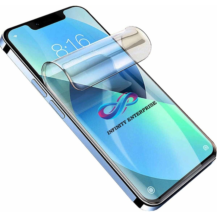 Folie Display pentru Apple iPhone 14, protectie Premium Infinity Enterprise pentru ecran telefon Fata din Hydrogel Regenerabil, Flexibil, lipire Completa, Silicon, Set complet pentru Instalare usoara