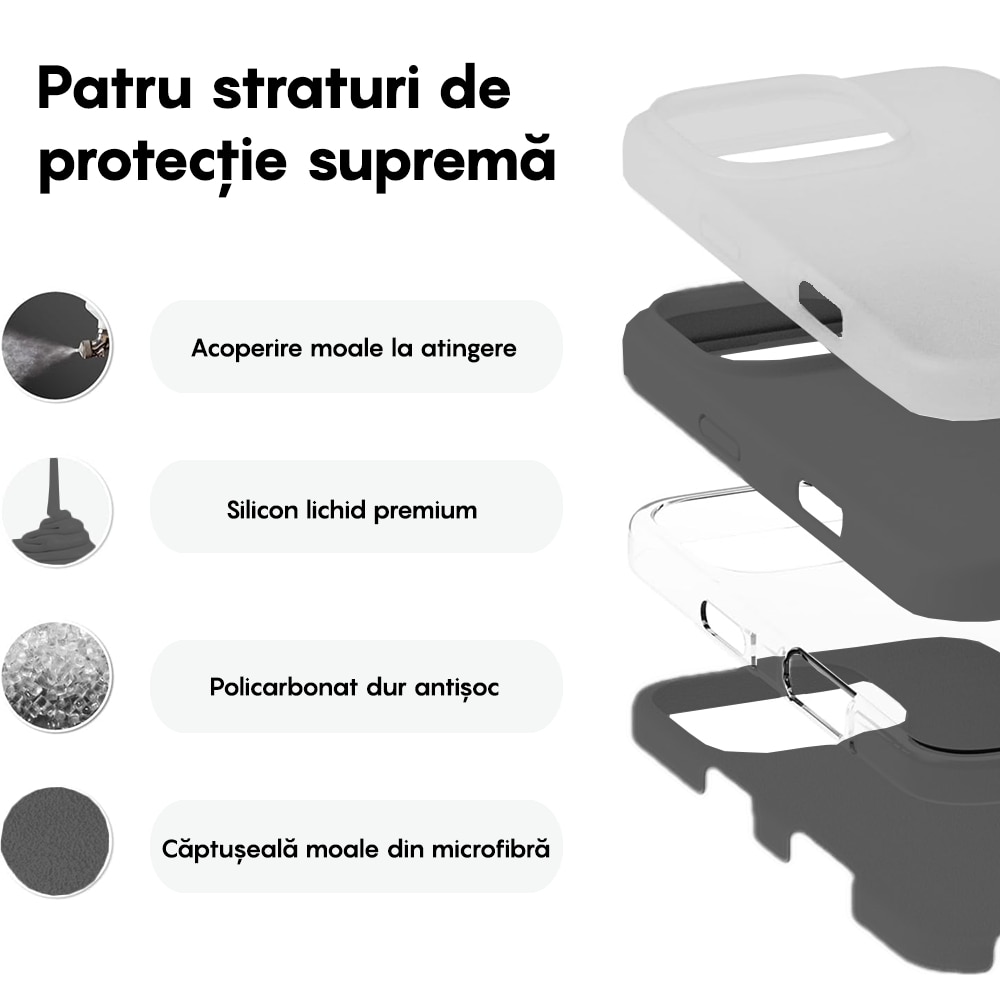Husa CASEY STUDIOS™ compatibila cu iPhone 16 Pro Max, Soft Silicone Premium, Microfibra in Interior, Dark Grey, de Protectie, Ultra Slim, pentru Incarcare Wireless, Margini Ridicate de Protectia Ecranului si a Camerelor
