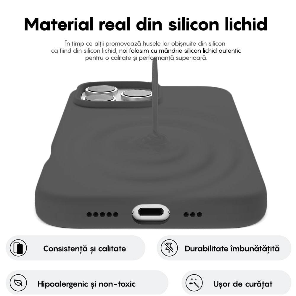 Husa CASEY STUDIOS™ compatibila cu iPhone 16 Pro Max, Soft Silicone Premium, Microfibra in Interior, Dark Grey, de Protectie, Ultra Slim, pentru Incarcare Wireless, Margini Ridicate de Protectia Ecranului si a Camerelor