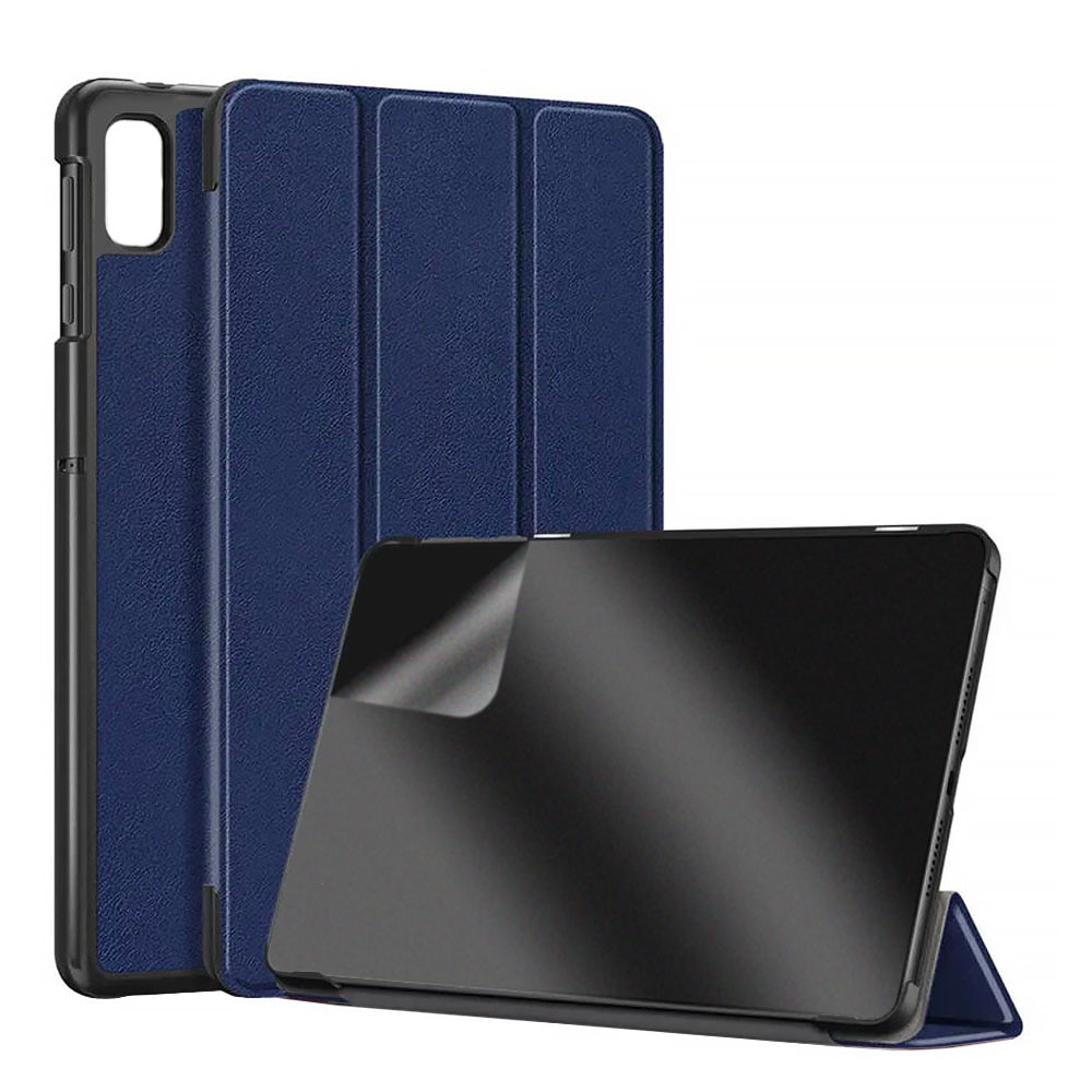 Set Husa Tableta din piele PU si Folie Silicon Matte pentru Lenovo Tab M8 Gen 4 8.0, Protectie Completa, Hydrogel Regenerabil, Full Glue, Interior Microfibra, Stand, Ecran Protejat, Colturi Anti-Soc, Albastru