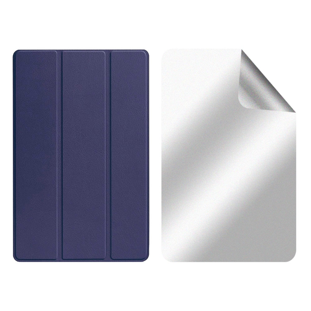 Set Husa Tableta din piele PU si Folie Silicon Matte pentru Lenovo Tab M8 Gen 4 8.0, Protectie Completa, Hydrogel Regenerabil, Full Glue, Interior Microfibra, Stand, Ecran Protejat, Colturi Anti-Soc, Albastru