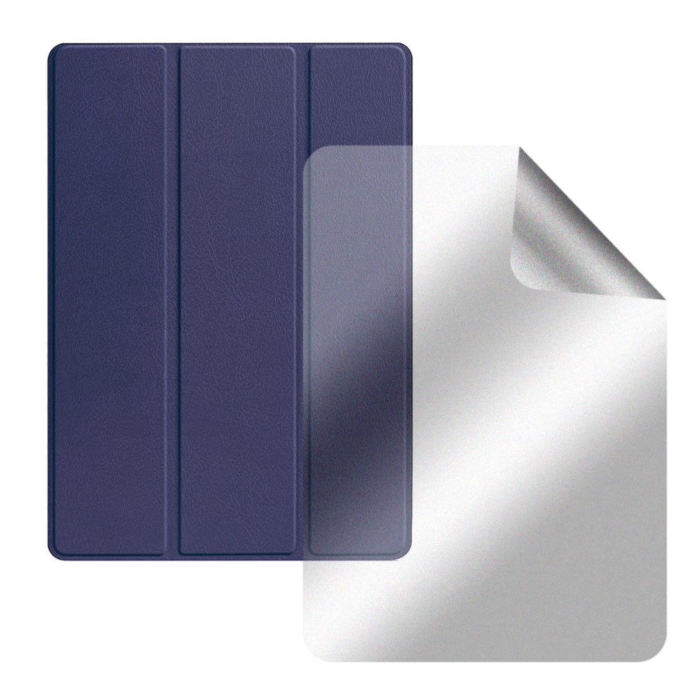 Set Husa Tableta din piele PU si Folie Silicon Matte pentru Lenovo Tab M8 Gen 4 8.0, Protectie Completa, Hydrogel Regenerabil, Full Glue, Interior Microfibra, Stand, Ecran Protejat, Colturi Anti-Soc, Albastru