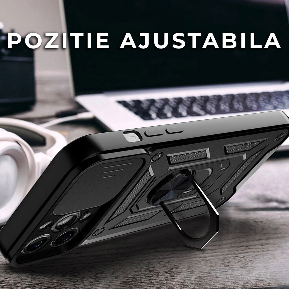 Husa pentru iPhone 13 Premium Hybrid Armor Kickstand, Slider Camera, Antisoc, Protectie Superioara, Negru