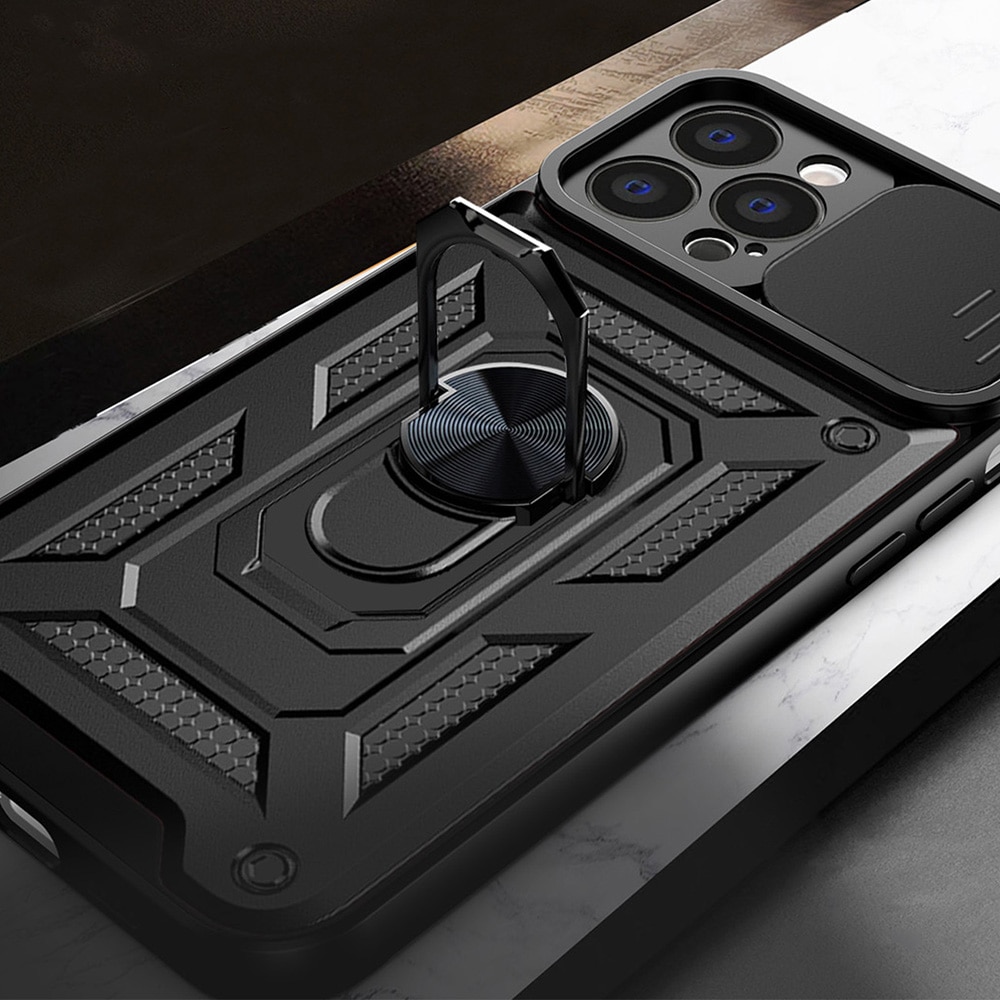 Husa pentru iPhone 13 Premium Hybrid Armor Kickstand, Slider Camera, Antisoc, Protectie Superioara, Negru