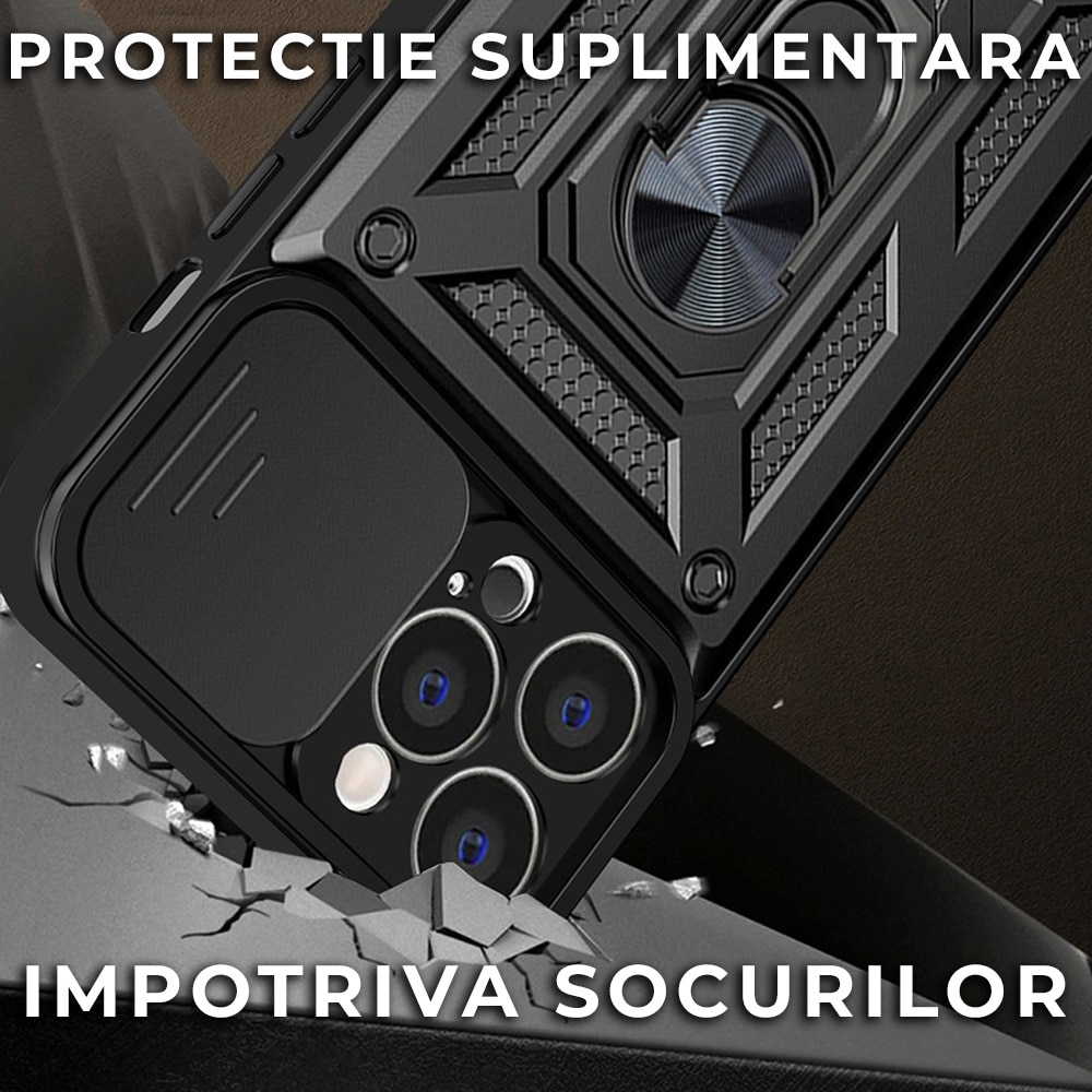 Husa pentru iPhone 13 Premium Hybrid Armor Kickstand, Slider Camera, Antisoc, Protectie Superioara, Negru
