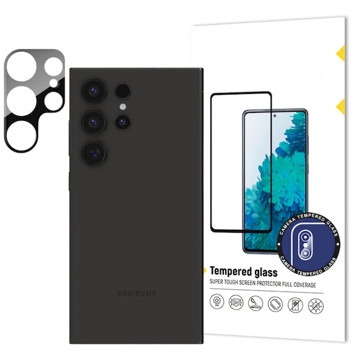 Pachet promo: Folie Protectie Camera pentru Samsung Galaxy S24 Ultra, Full Cover, Rezistenta Zgarieturi, Socuri, Negru + Husa Antisoc cu Inel, Magnetic, pentru Samsung Galaxy S24 Ultra, Negru
