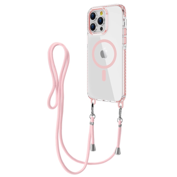 Husa pentru Apple Iphone 15 Pro Max Daden®, Snur detasabil, Antisoc, Protectie Superioara, Bumper interior, Magsafe, Transparenta cu Roz