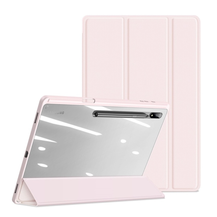 Husa premium pentru tableta Apple iPad 10 (2022), 10.9 inch, Sigloo, interior de piele sintetica, cu suport Smart Pen, spatele din policarbonat transparent, Pink