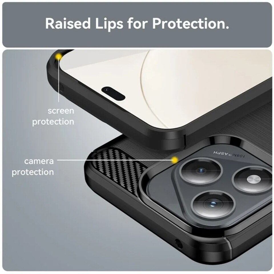 Husa pentru Honor 400 Lite, SKYDDAR INNOVATION, Carbon Silicone, din Silicon Premium, Slim, cu textura Fibra Carbon, Negru, set cu sticker