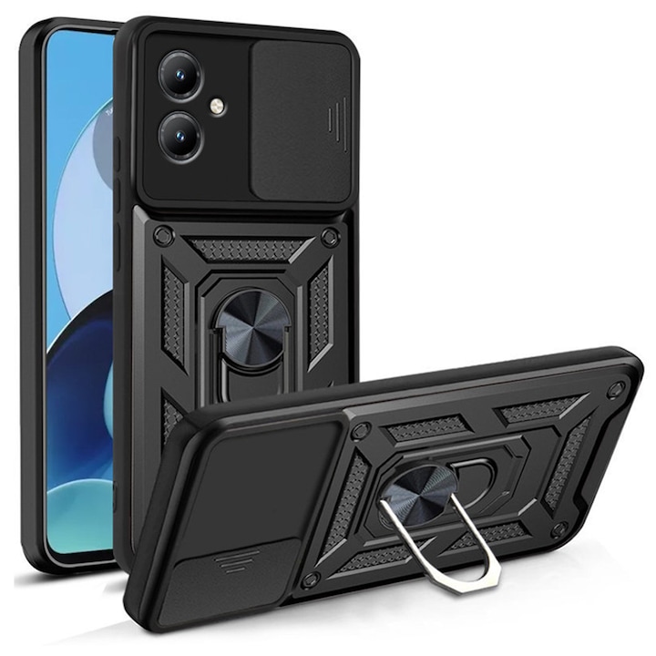 Husa pentru Motorola Moto G14 Premium Hybrid Armor Kickstand, Slider Camera, Antisoc, Protectie Superioara, Negru