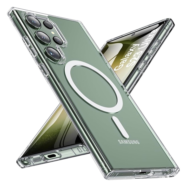 Husa MagSafe Transparenta pentru Samsung Galaxy S23 Ultra, OPTIM SOLUTION, MagSafe Compatibility, Ultra Protectie, Magnetic Function, Functionalitate Superioara, Anti-yellowing, Design SlimFit, Decupaje Precise, Transparent