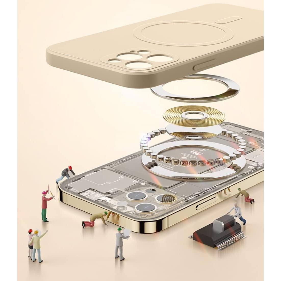 Husa de protectie compatibila cu iPhone 12PRO, Premium, silicon TPU si microfibra in interior, incarcare magnetica compatibila MagSafe, anti amprenta, camera ultra safe, crem