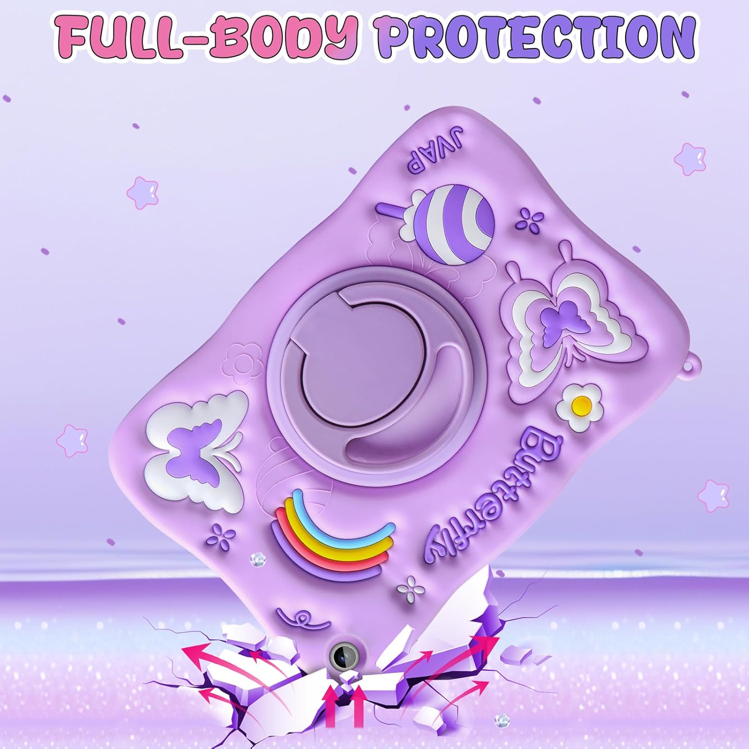 Husa compatibila iPad 11/10, 9 inci, generatia 11/10, 2025/2022, cu protectie ecran. suport tip stand rotativ la 360°, curea de umar, din silicon, model fluture, mov