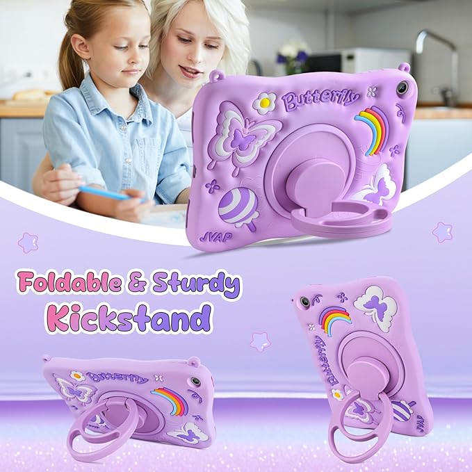 Husa compatibila iPad 11/10, 9 inci, generatia 11/10, 2025/2022, cu protectie ecran. suport tip stand rotativ la 360°, curea de umar, din silicon, model fluture, mov