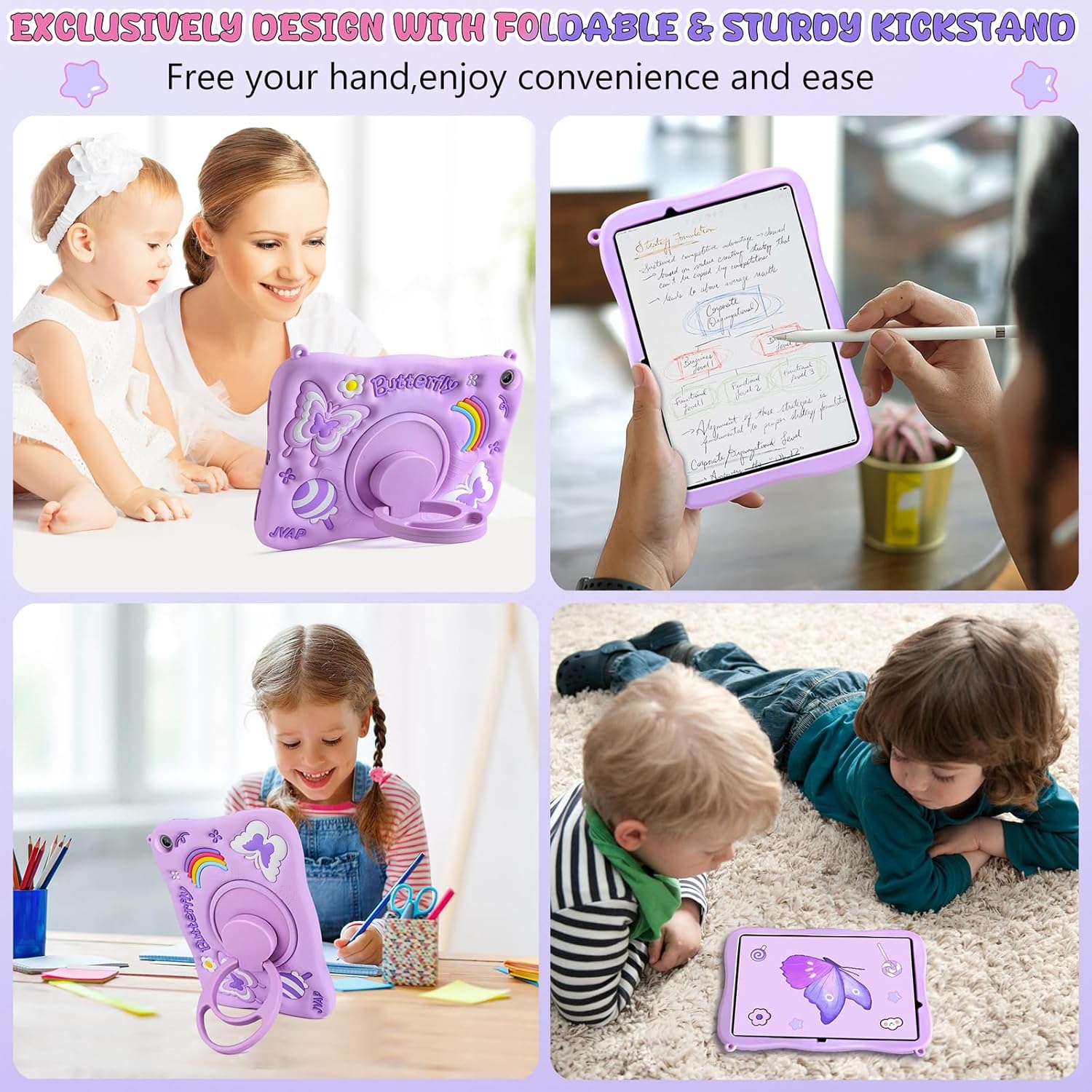 Husa compatibila iPad 11/10, 9 inci, generatia 11/10, 2025/2022, cu protectie ecran. suport tip stand rotativ la 360°, curea de umar, din silicon, model fluture, mov