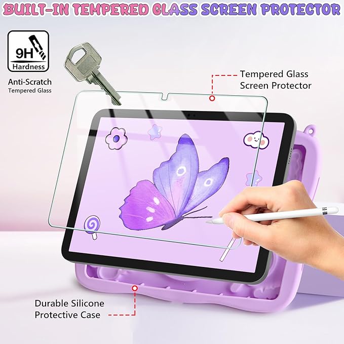 Husa compatibila iPad 11/10, 9 inci, generatia 11/10, 2025/2022, cu protectie ecran. suport tip stand rotativ la 360°, curea de umar, din silicon, model fluture, mov