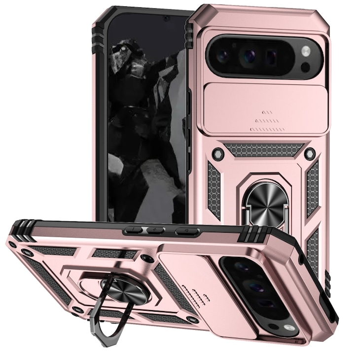 Husa pentru Google Pixel 9a DaDen® Hybrid Armor Kickstand, Slider Camera, Antisoc, Protectie Superioara, Auriu rose