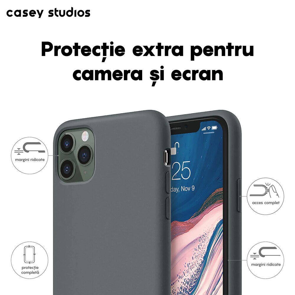 Husa CASEY STUDIOS™ pentru Apple iPhone 11 Pro, Soft Silicone Premium, Microfibra in Interior, Dark Gray, de Protectie, Ultra Slim, pentru Incarcare Wireless, Margini Ridicate pentru Protectia Ecranului si a Camerelor