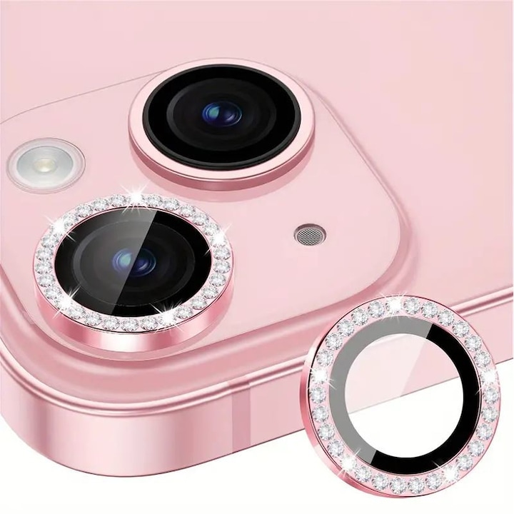 Folie camera cu Strasuri, Individuala, Compatibila cu iPhone 13/13 Mini, Sticla, Roz