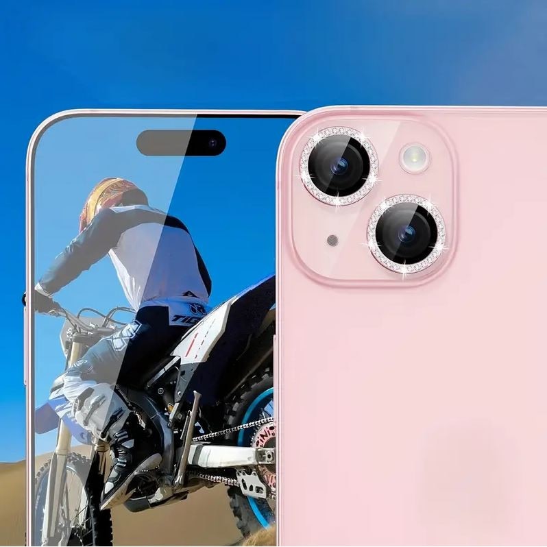 Folie camera cu Strasuri, Individuala, Compatibila cu iPhone 13/13 Mini, Sticla, Roz