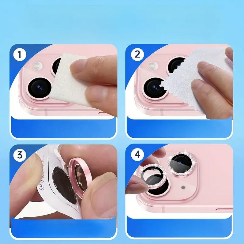Folie camera cu Strasuri, Individuala, Compatibila cu iPhone 13/13 Mini, Sticla, Roz