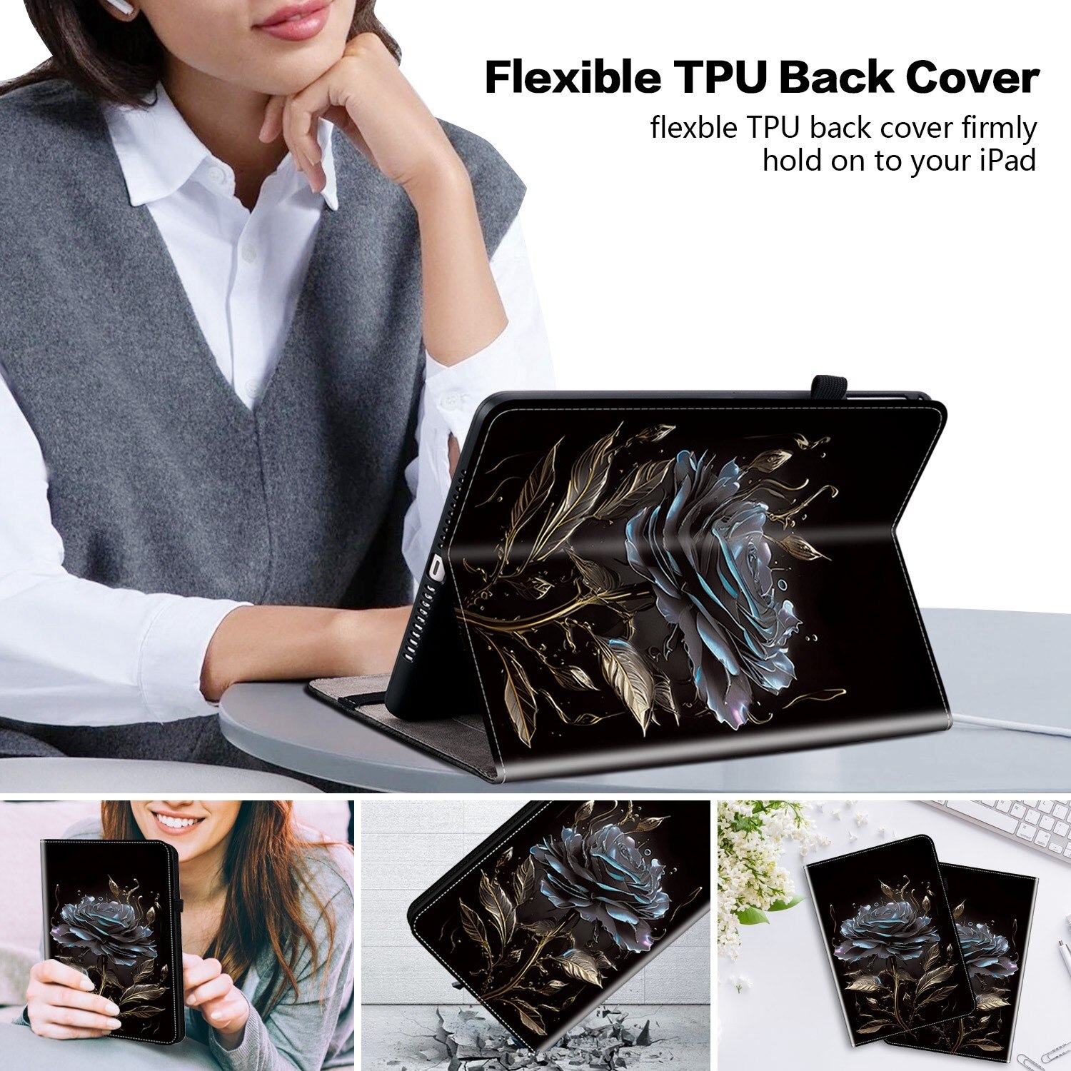 Husa tableta pentru Lenovo Tab K10, piele texturata cu design pictat, in culoarea neagra cu trandafiri