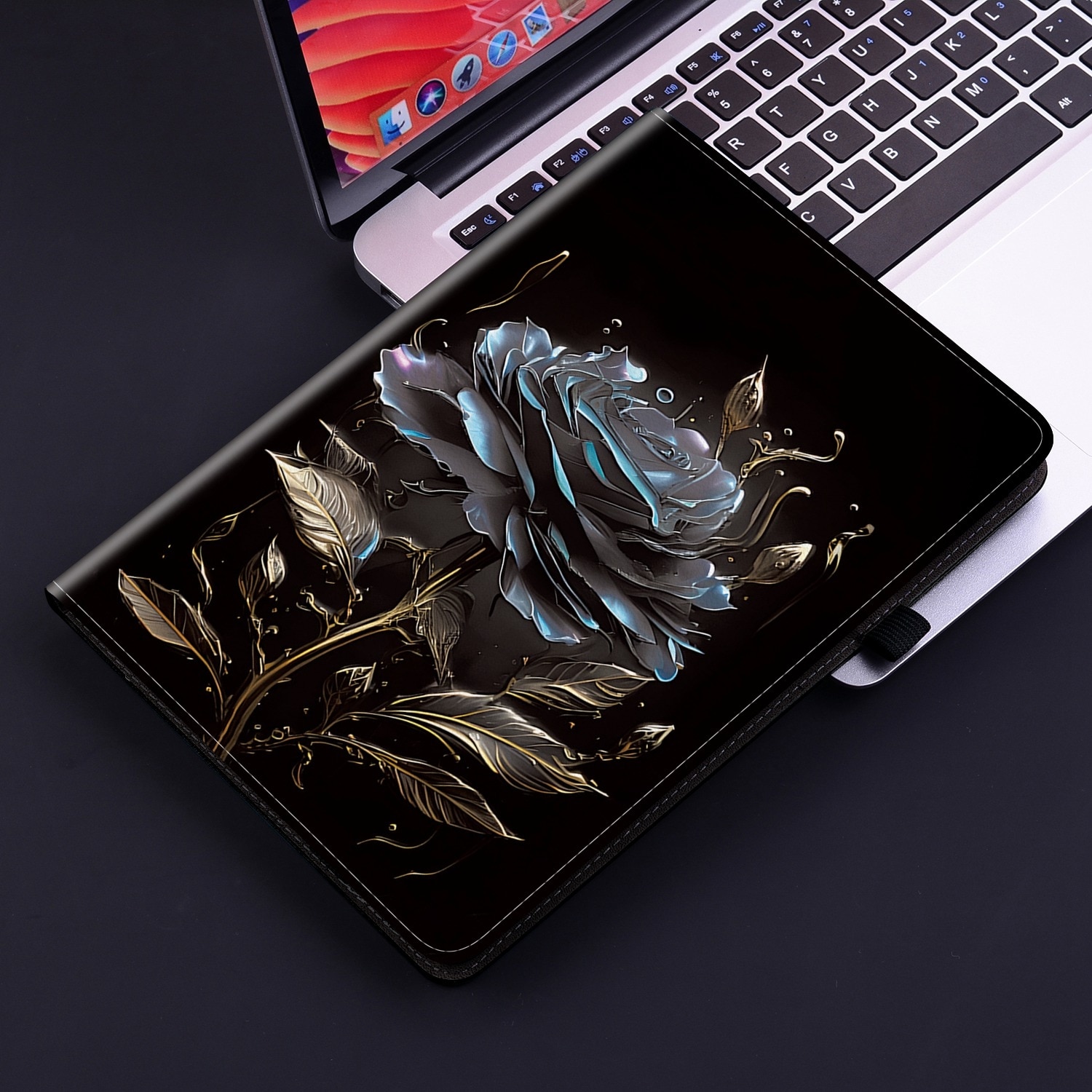 Husa tableta pentru Lenovo Tab K10, piele texturata cu design pictat, in culoarea neagra cu trandafiri