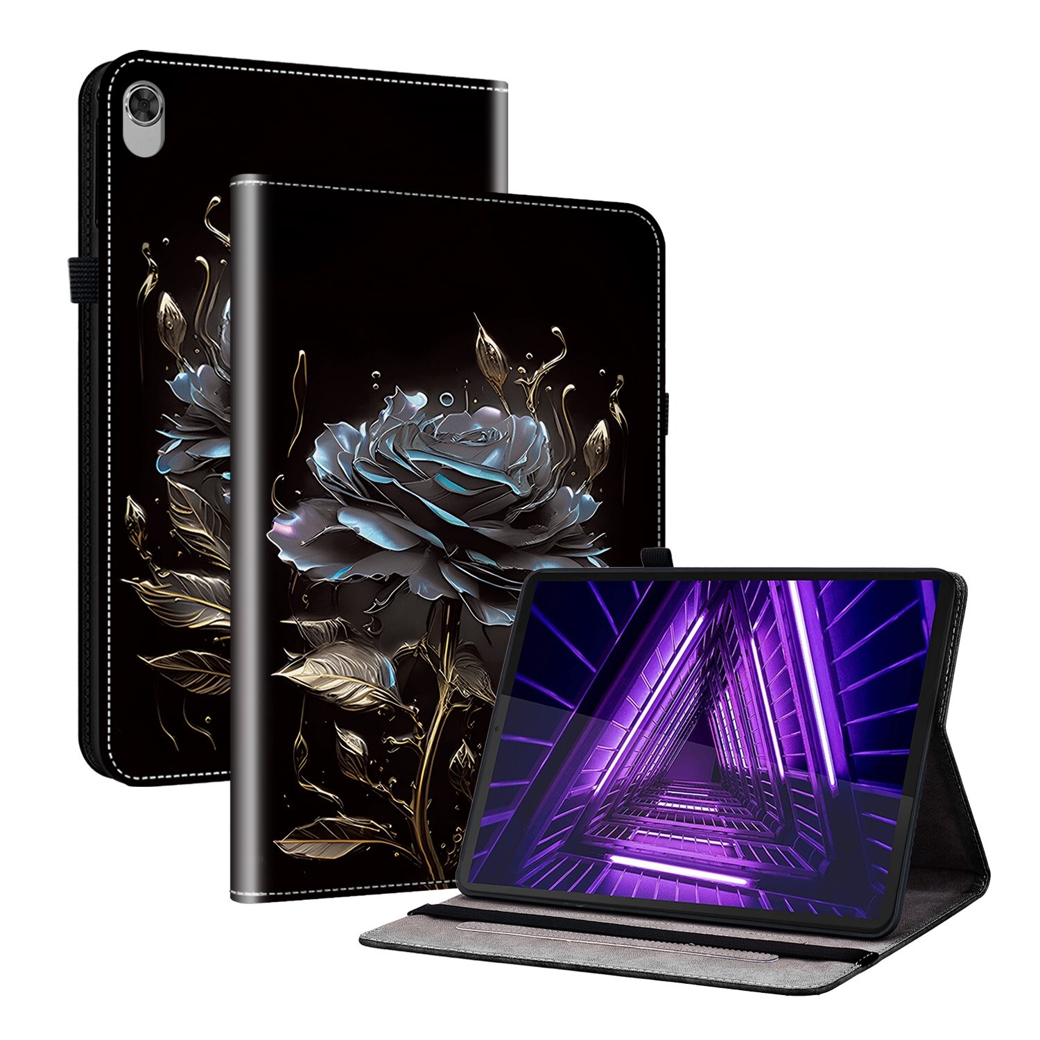 Husa tableta pentru Lenovo Tab K10, piele texturata cu design pictat, in culoarea neagra cu trandafiri