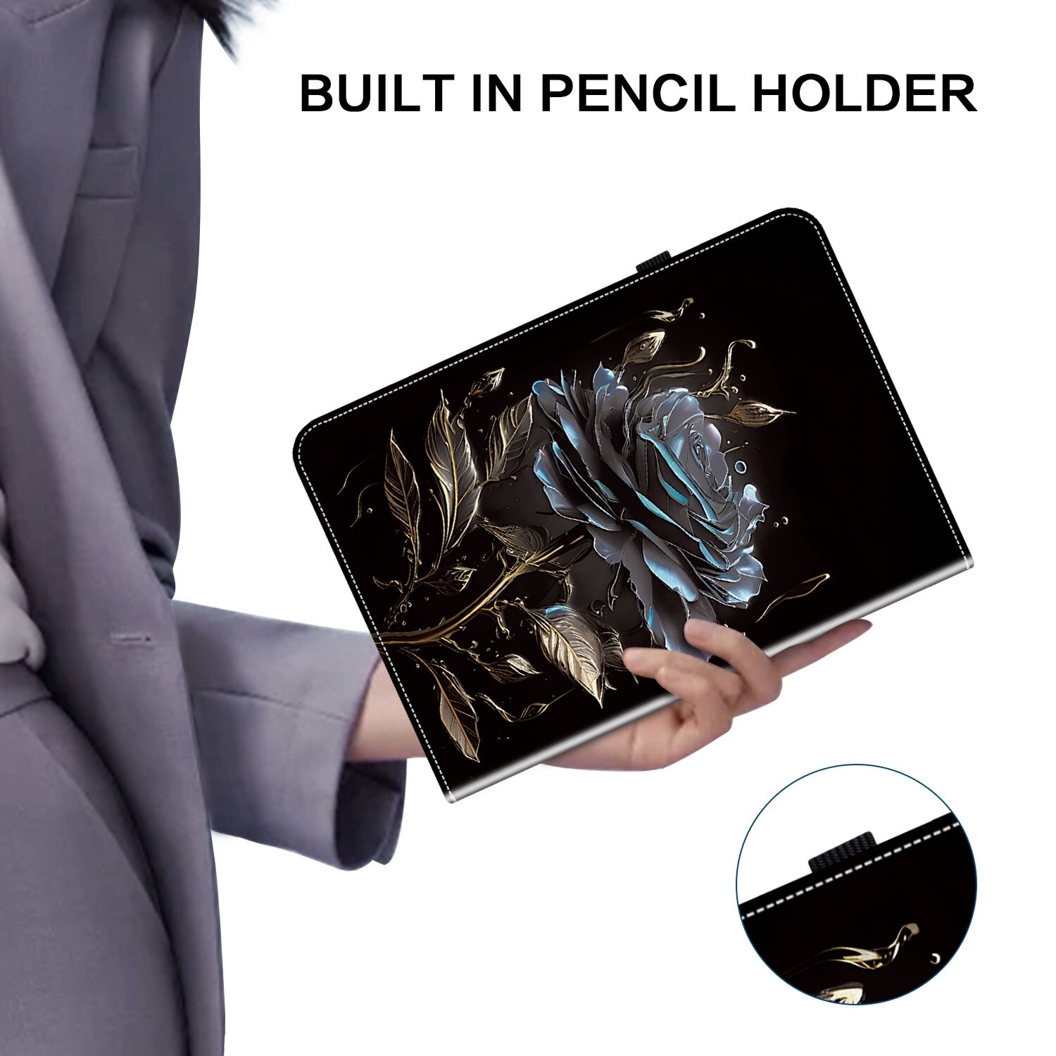 Husa tableta pentru Lenovo Tab K10, piele texturata cu design pictat, in culoarea neagra cu trandafiri