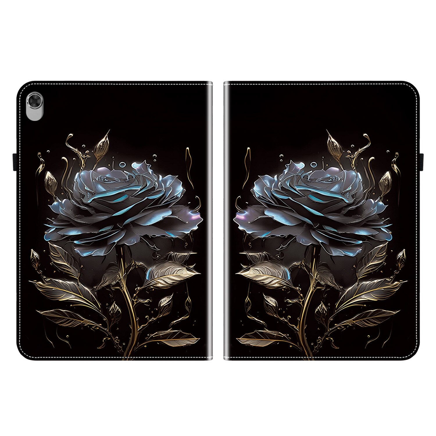 Husa tableta pentru Lenovo Tab K10, piele texturata cu design pictat, in culoarea neagra cu trandafiri