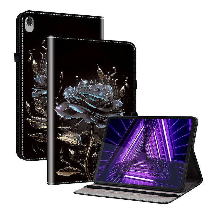 Husa tableta pentru Lenovo Tab K10, piele texturata cu design pictat, in culoarea neagra cu trandafiri