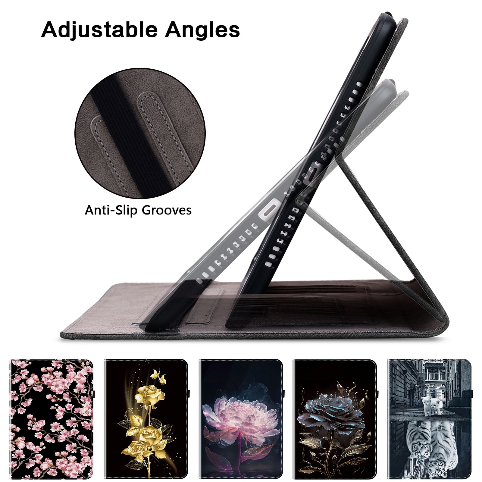Husa tableta pentru Lenovo Tab K10, piele texturata cu design pictat, in culoarea neagra cu trandafiri