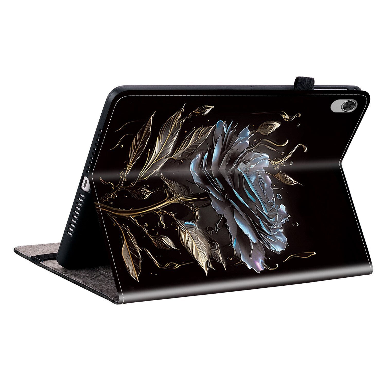 Husa tableta pentru Lenovo Tab K10, piele texturata cu design pictat, in culoarea neagra cu trandafiri