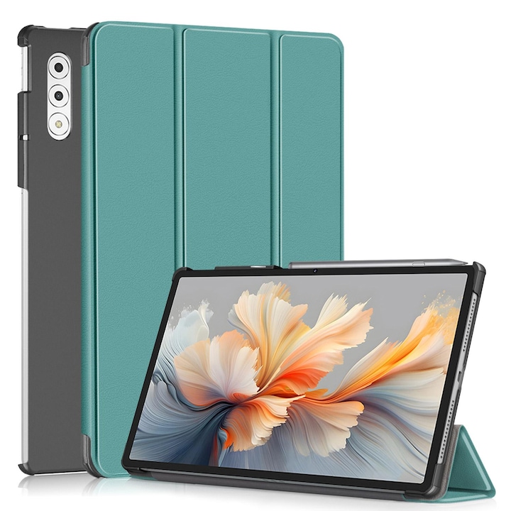 Husa tableta pentru Lenovo Yoga Tab Plus, piele ecologica, tip carte cu suport, pliere inteligenta, protectie anti-zgarieturi, verde