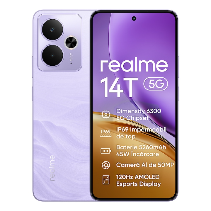 Telefon mobil realme 14T, Dual SIM, 8GB RAM, 256GB, 5G, Baterie Titan 5130mAh, IP69, 120Hz, violet