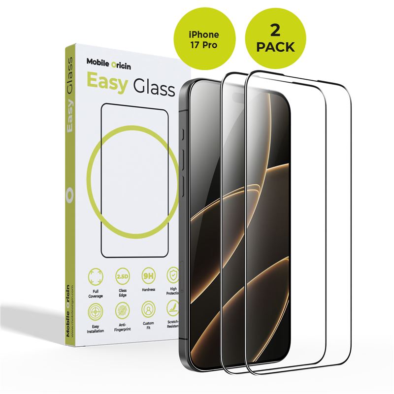 Set 2 folii protectie Mobile Origin EasyGlass, Kit curatare inclus, compatibil cu iPhone 17 Pro, Transparent