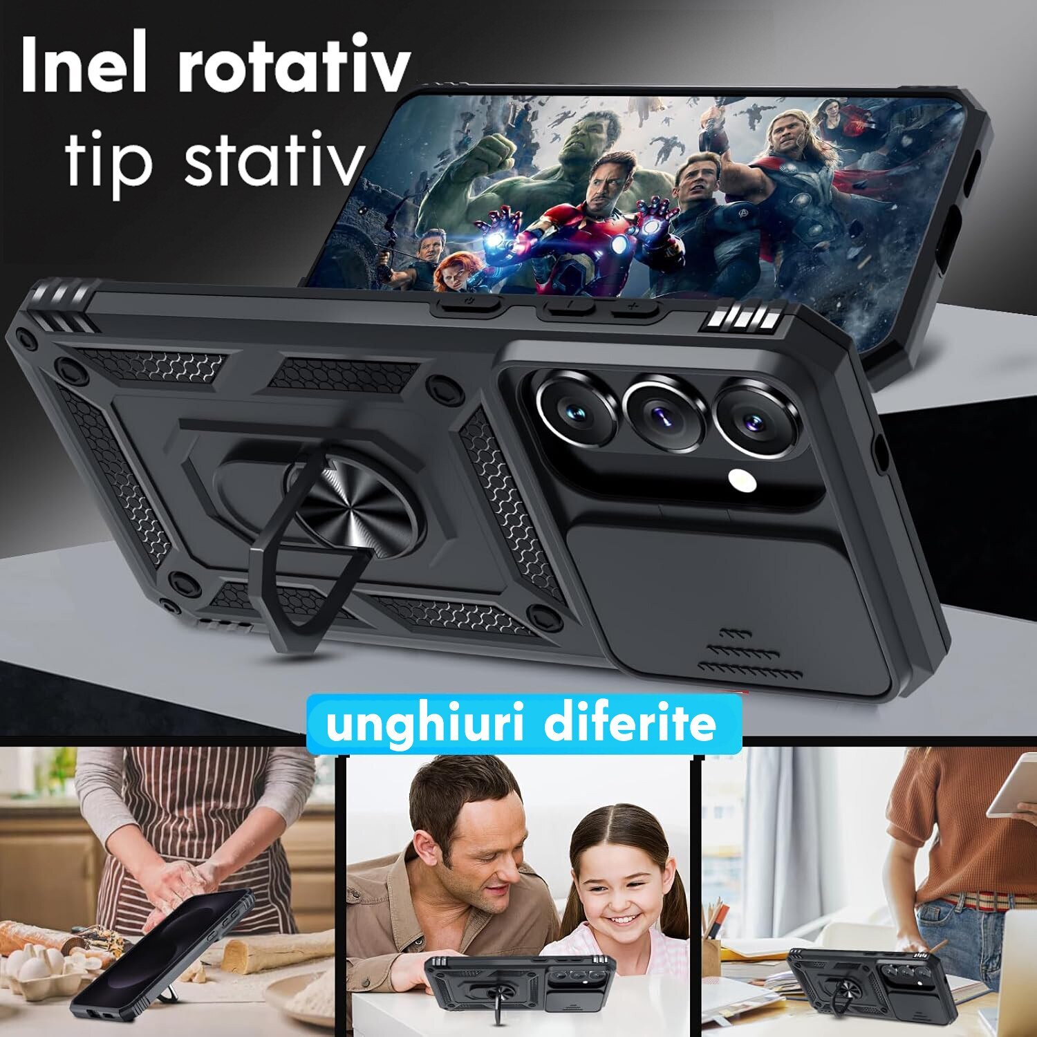 Set protecție husa și folie pentru Samsung Galaxy S26, Daden, Hybrid Antisoc, inel rotativ 360, Negru
