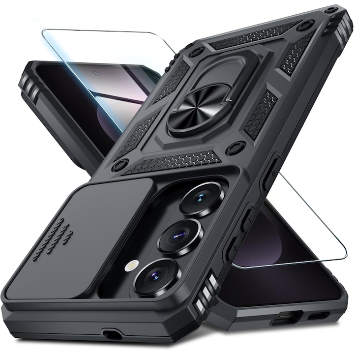 Set protecție husa și folie pentru Samsung Galaxy S26, Daden, Hybrid Antisoc, inel rotativ 360, Negru