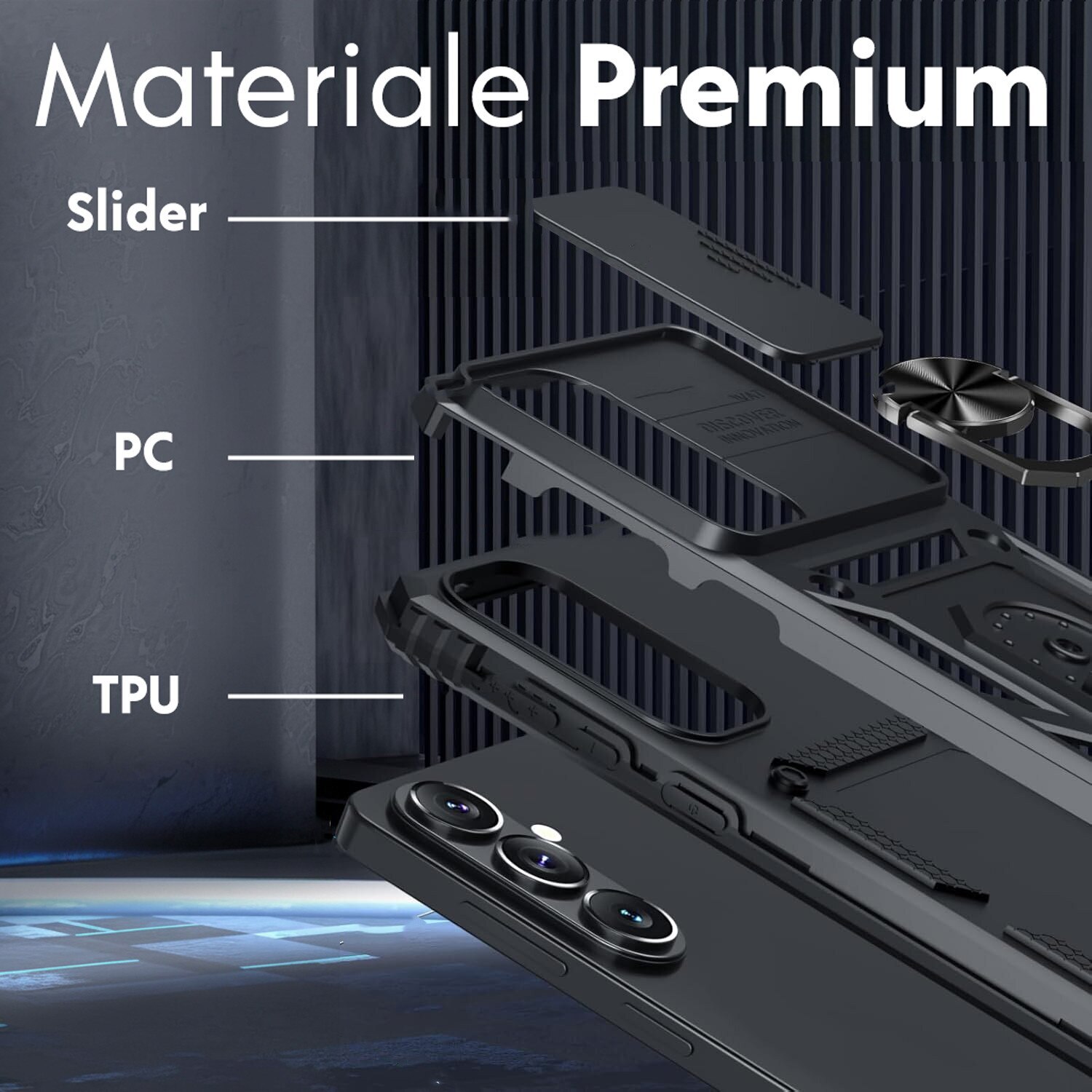 Set protecție husa și folie pentru Samsung Galaxy S26, Daden, Hybrid Antisoc, inel rotativ 360, Negru