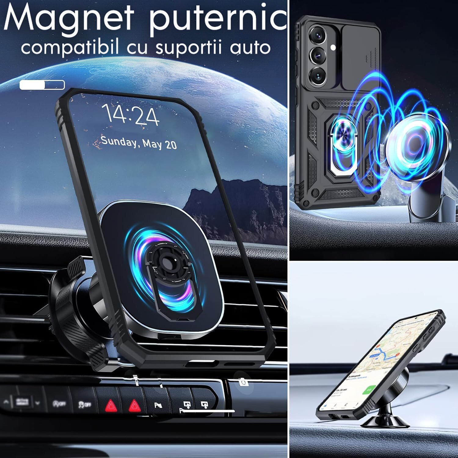 Set protecție husa și folie pentru Samsung Galaxy S26, Daden, Hybrid Antisoc, inel rotativ 360, Negru