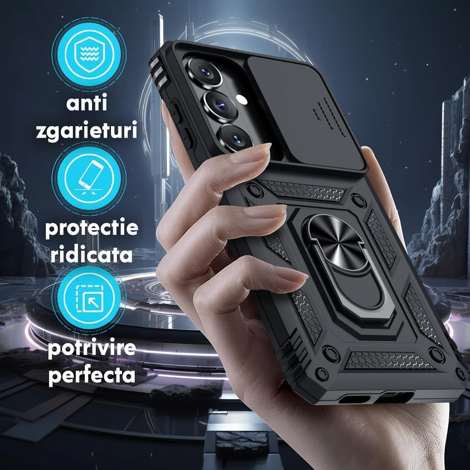 Set protecție husa și folie pentru Samsung Galaxy S26, Daden, Hybrid Antisoc, inel rotativ 360, Negru